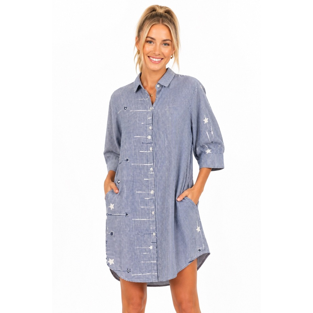 J.‎ Closet Blue White Striped Star Embroidered Linen Blend Shirt Dress Pockets M